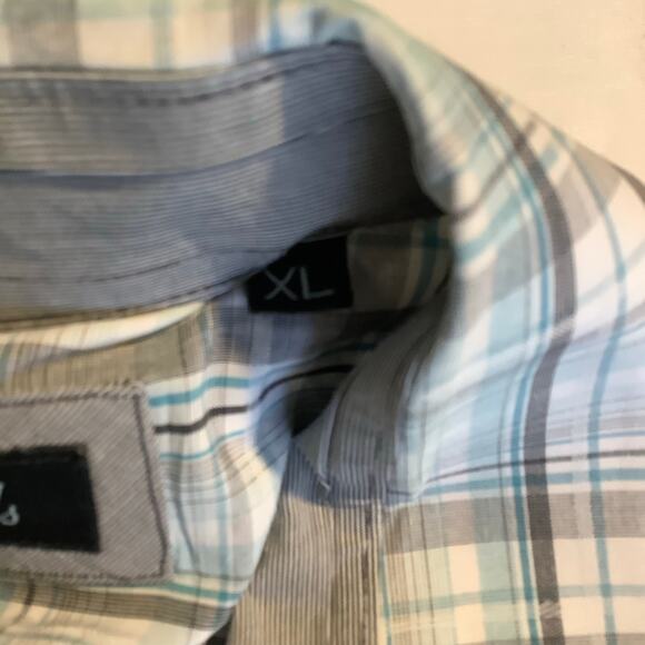 7 Diamonds Blue Gray White Plaid Short Sleeve Button Up Shirt XL - Picture 9 of 11